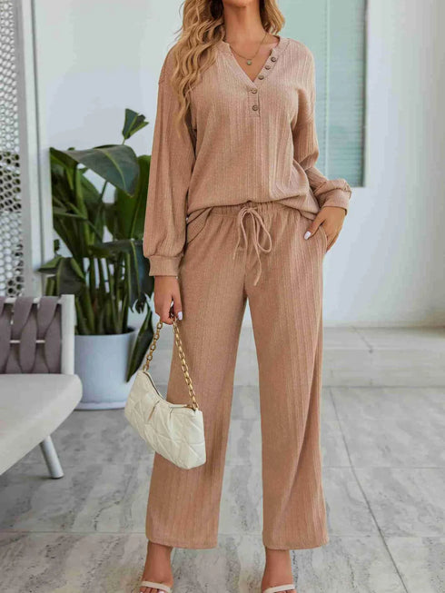 Fashorio Khaki / S Ribbed Knit Top and Pants Lounge Set with Button Detail