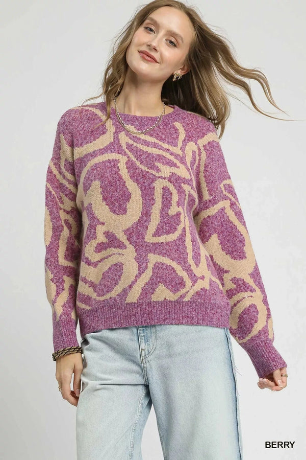 Umgee Ribbed Hem Contrast Dropped Shoulder Sweater BERRY - Fashorio