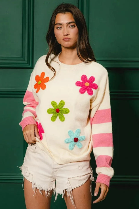 BiBi Colorful Floral Patched Sweater with Striped Sleeve - Fashorio