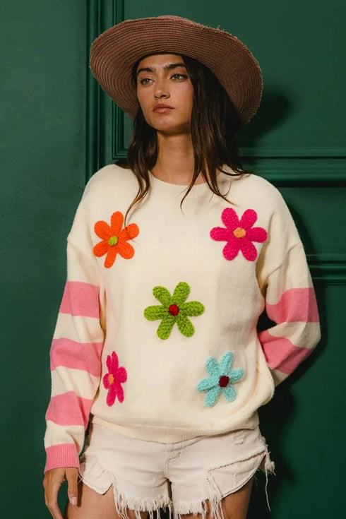 BiBi Colorful Floral Patched Sweater with Striped Sleeve - Fashorio