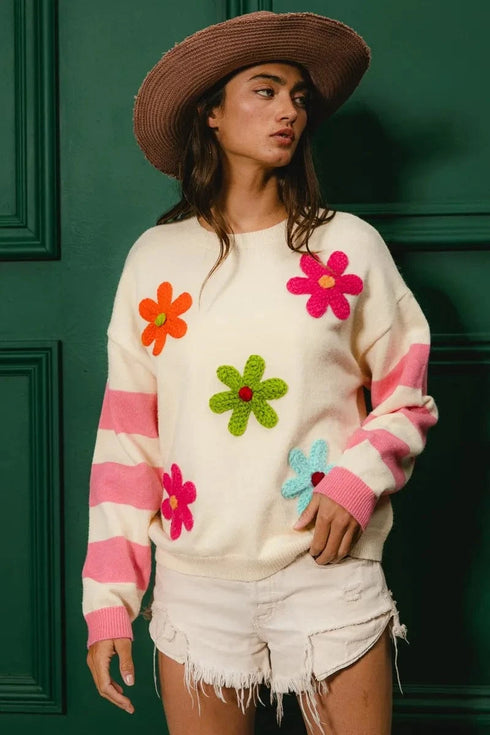 BiBi Colorful Floral Patched Sweater with Striped Sleeve - Fashorio