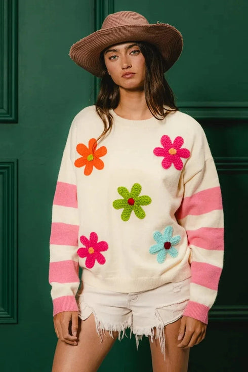 BiBi Colorful Floral Patched Sweater with Striped Sleeve - Fashorio