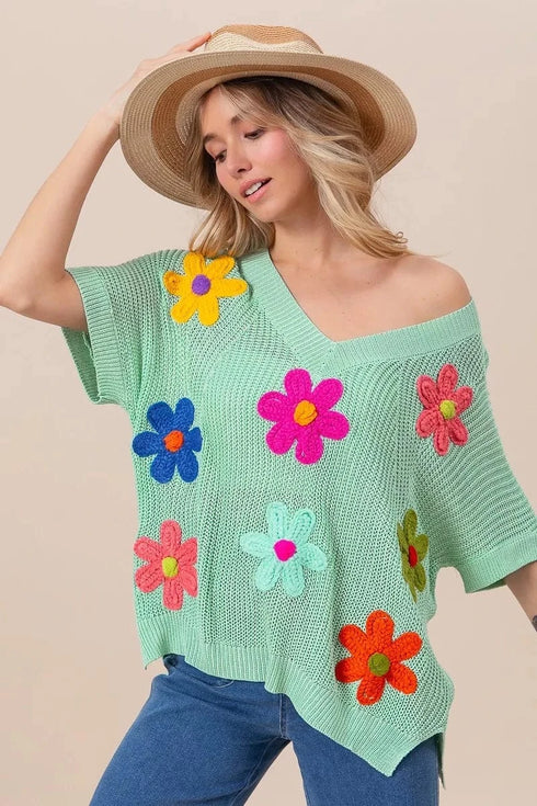 BiBi Flower Patches Dolman Sleeve Lightweight Sweater - Fashorio