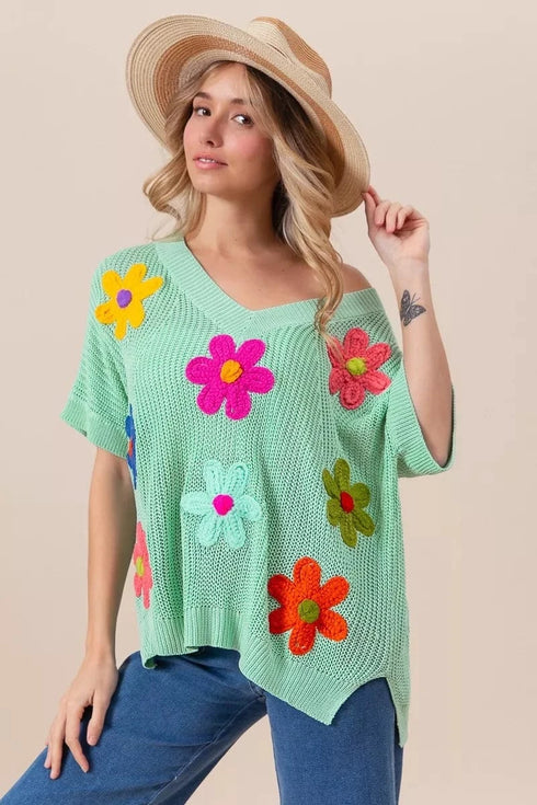 BiBi Flower Patches Dolman Sleeve Lightweight Sweater - Fashorio