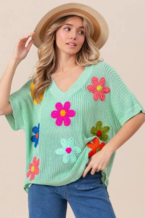 BiBi Flower Patches Dolman Sleeve Lightweight Sweater - Fashorio