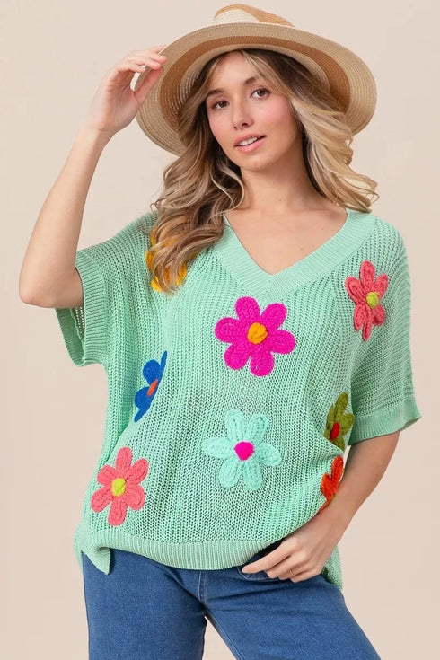 BiBi Flower Patches Dolman Sleeve Lightweight Sweater - Fashorio