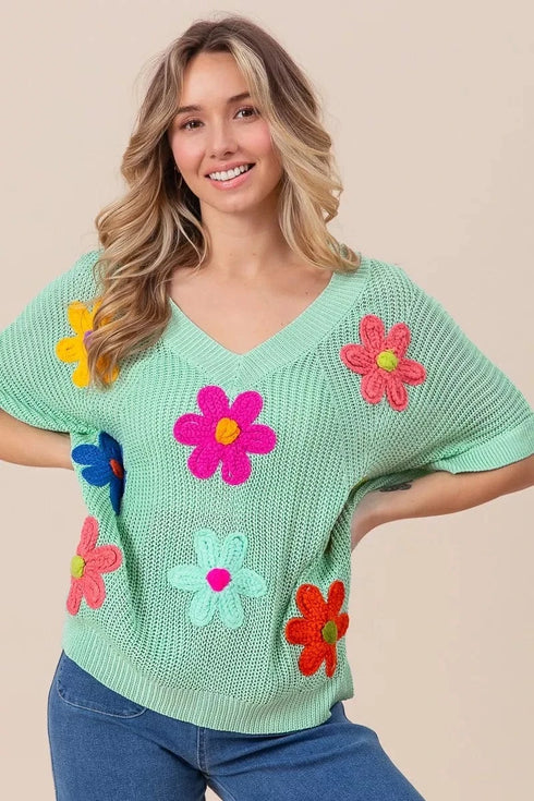 BiBi Flower Patches Dolman Sleeve Lightweight Sweater - Fashorio