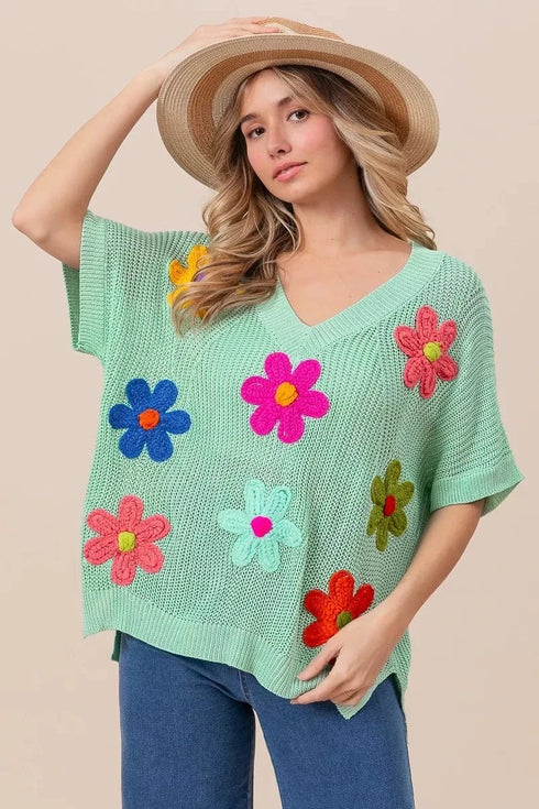 BiBi Flower Patches Dolman Sleeve Lightweight Sweater - Fashorio