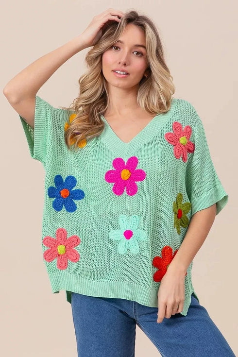 BiBi Flower Patches Dolman Sleeve Lightweight Sweater - Fashorio