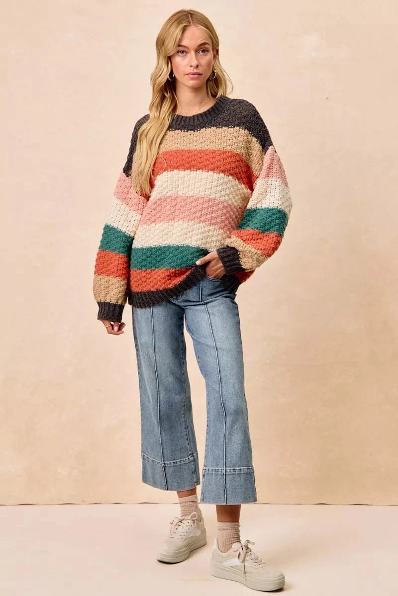 BiBi Stripes Color Block Chunky Sweater - Fashorio
