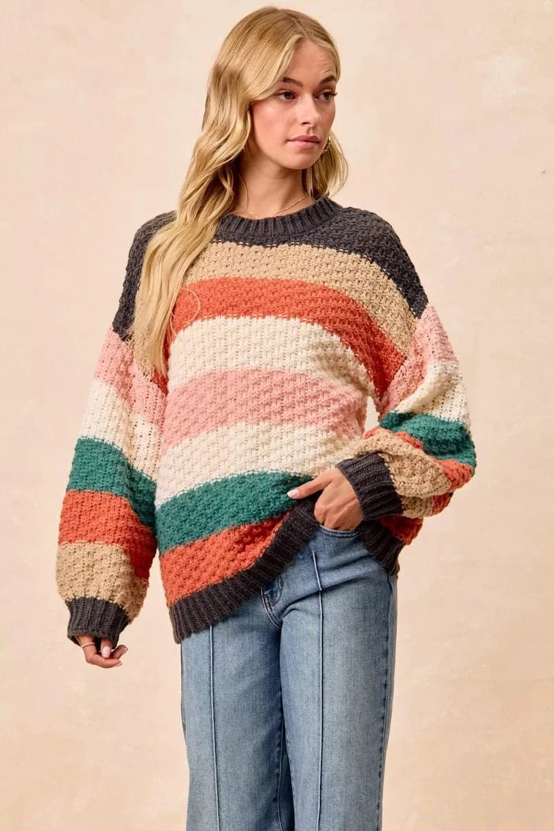 BiBi Stripes Color Block Chunky Sweater - Fashorio