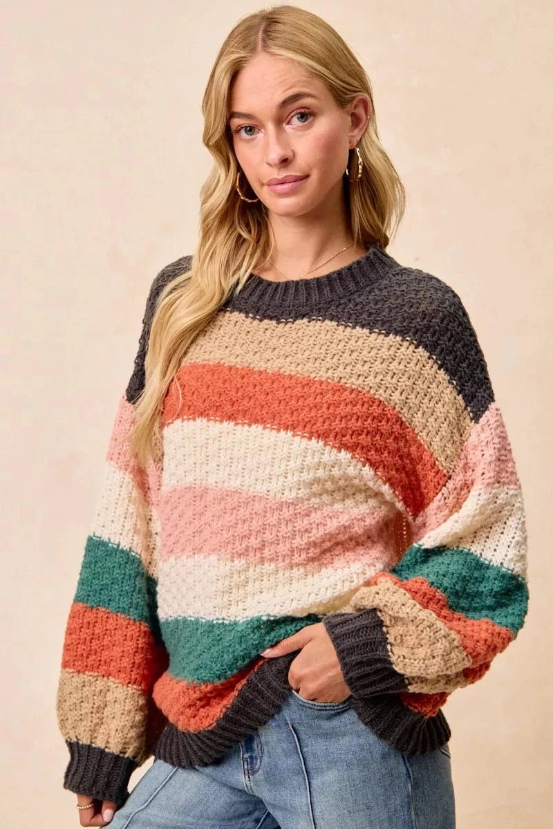 BiBi Stripes Color Block Chunky Sweater - Fashorio