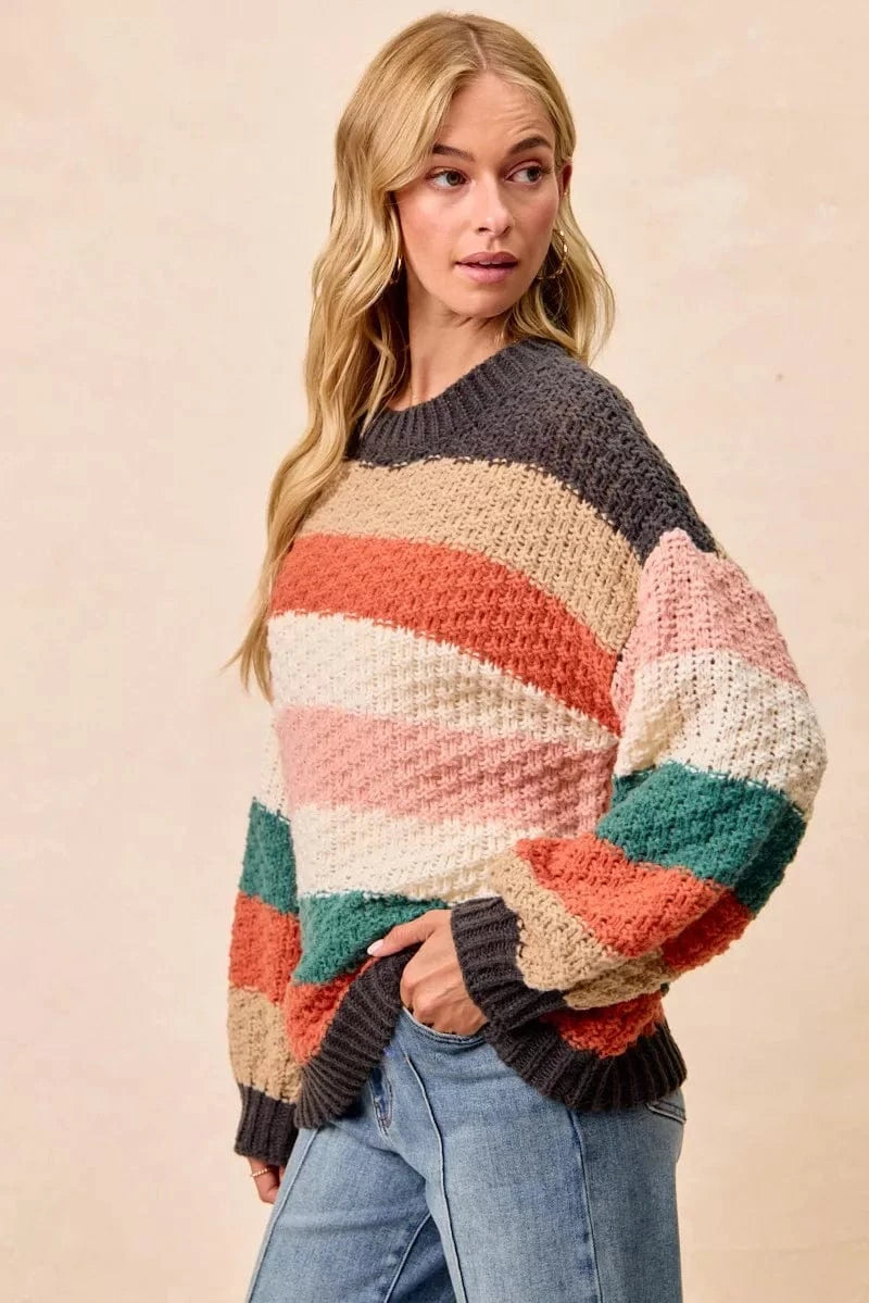 BiBi Stripes Color Block Chunky Sweater - Fashorio