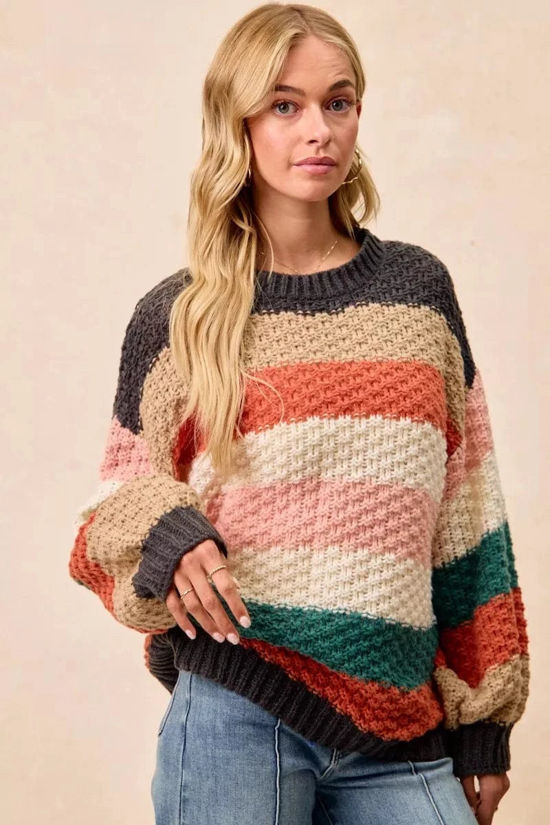 BiBi Stripes Color Block Chunky Sweater - Fashorio