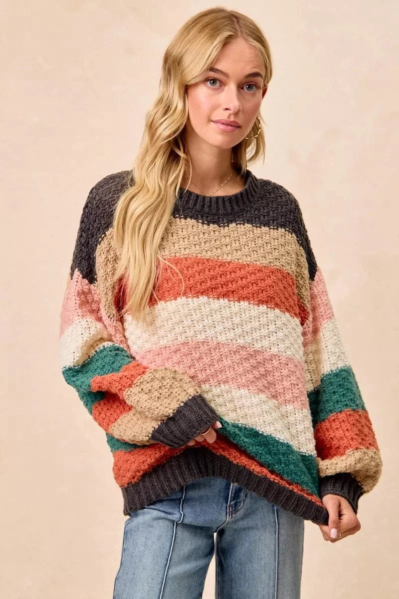 BiBi Stripes Color Block Chunky Sweater - Fashorio