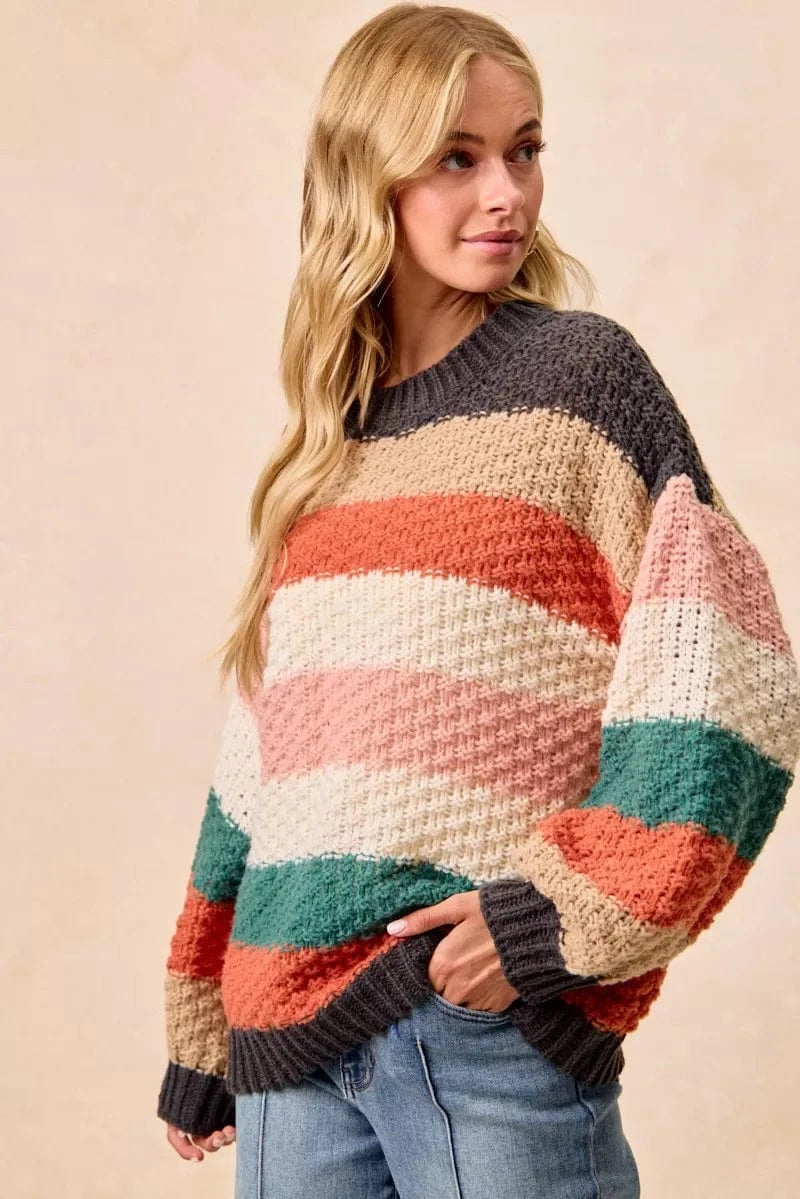 BiBi Stripes Color Block Chunky Sweater - Fashorio