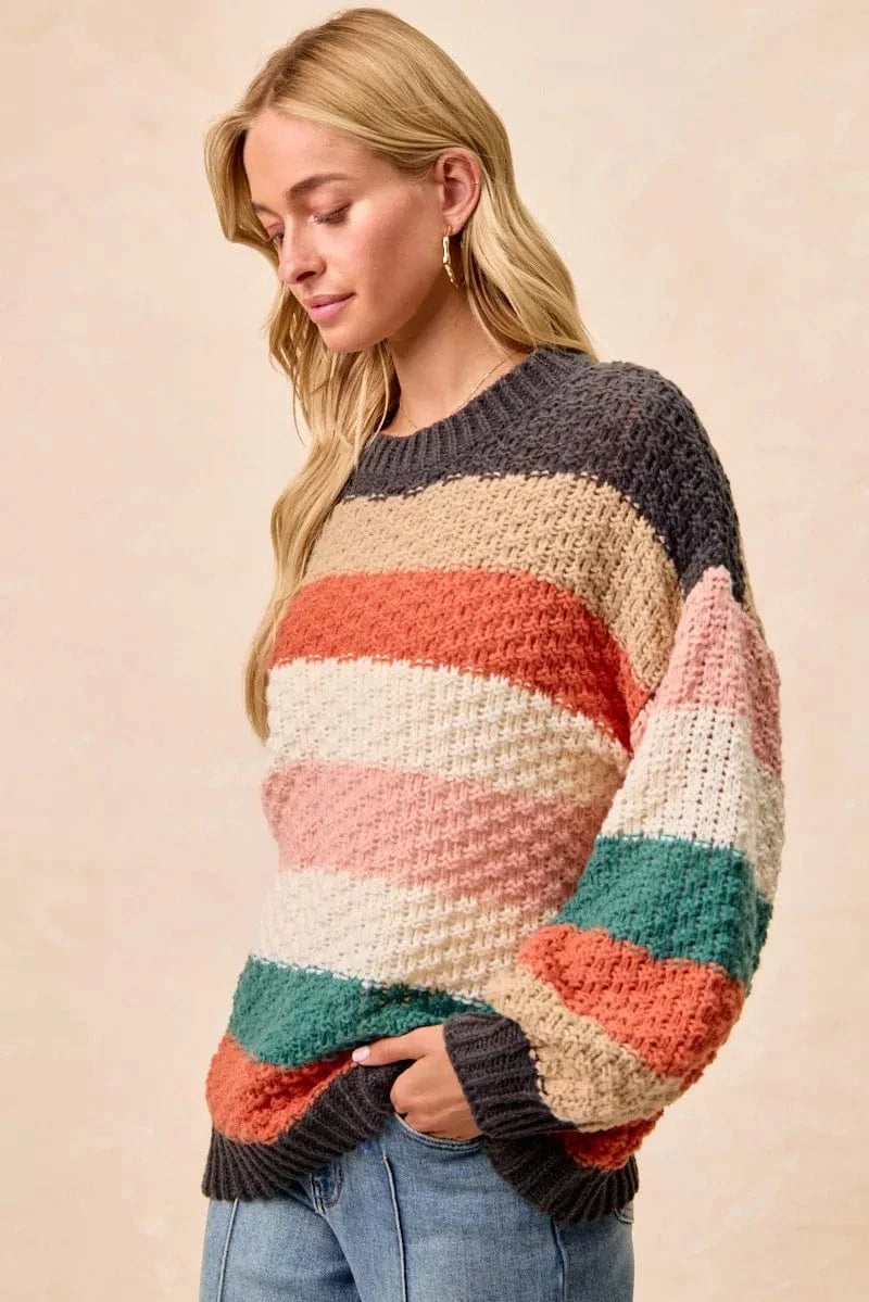 BiBi Stripes Color Block Chunky Sweater - Fashorio