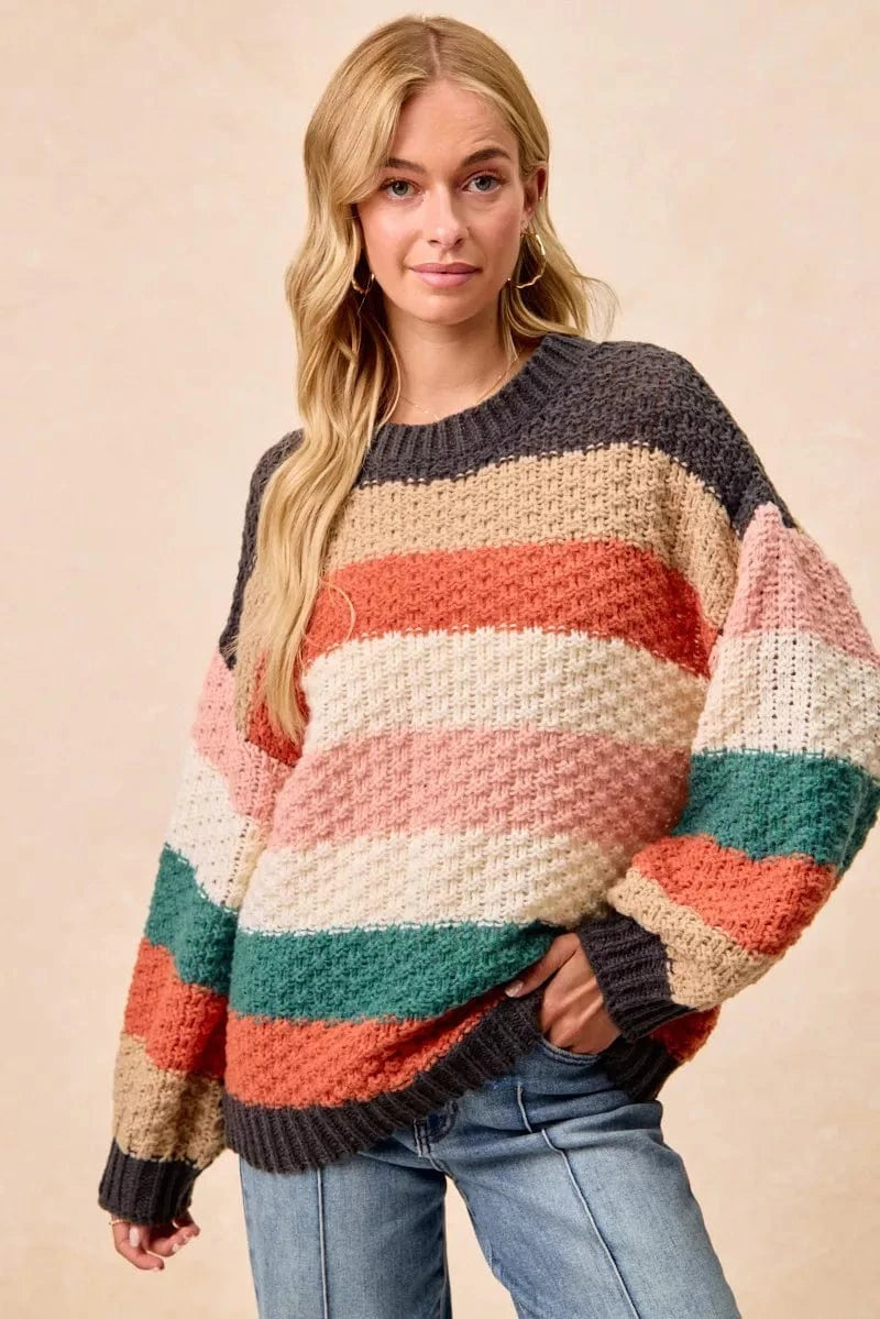 BiBi Stripes Color Block Chunky Sweater - Fashorio