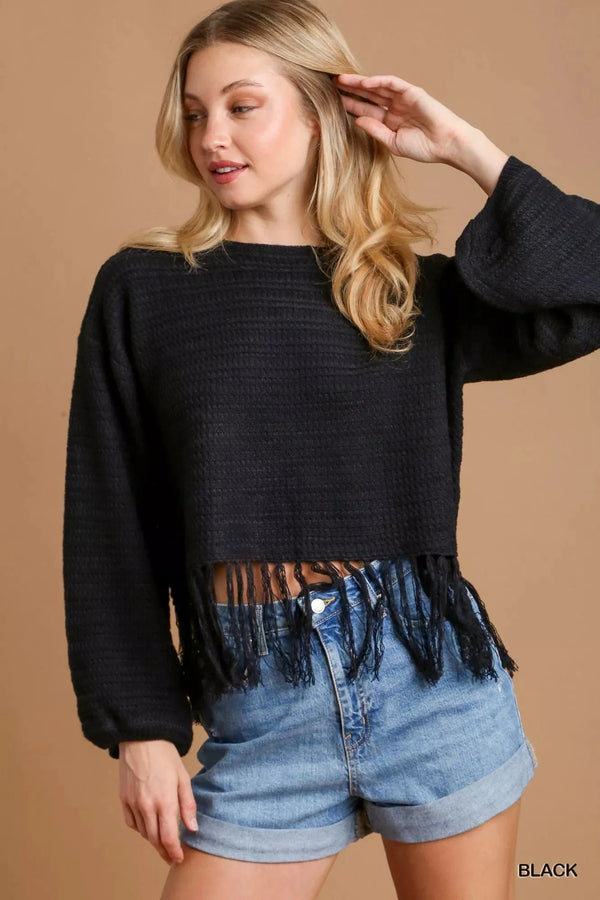 Umgee Crochet Knit Crop Top with Frey Hem Black - Fashorio