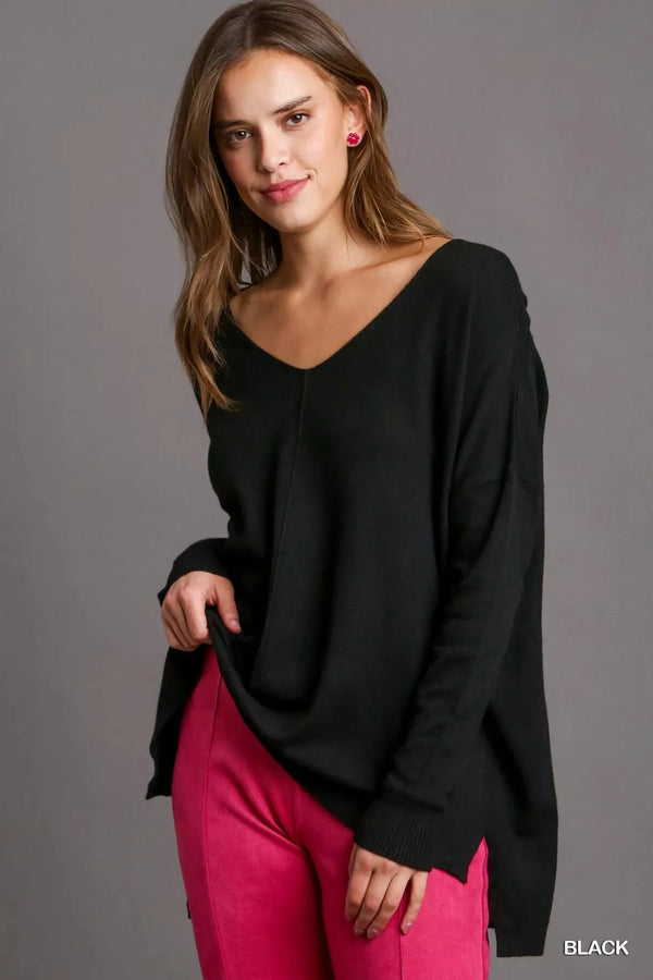 Umgee V-Neck High Low Hem Knit Top with Side Slit Black - Fashorio