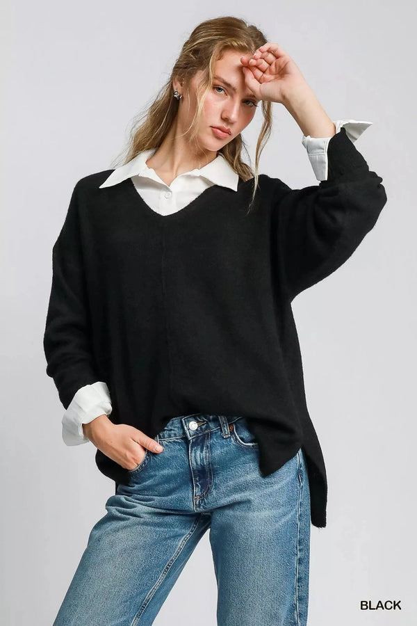 Umgee Wool Blended Pullover Sweater Black - Fashorio