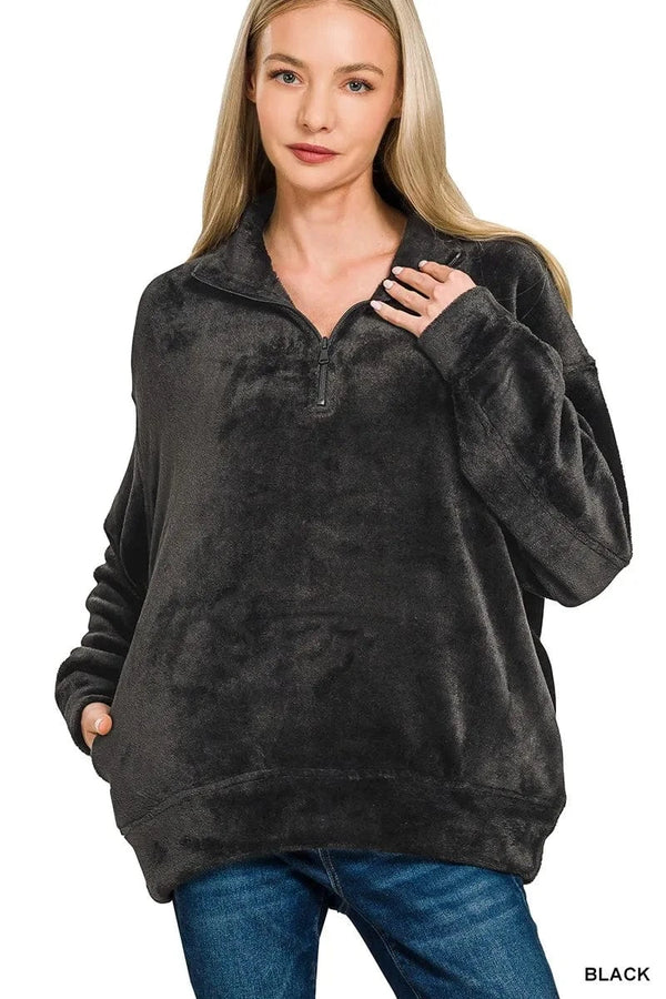 Zenana Faux Fur Half Zip Pocket Pullover BLACK - Fashorio