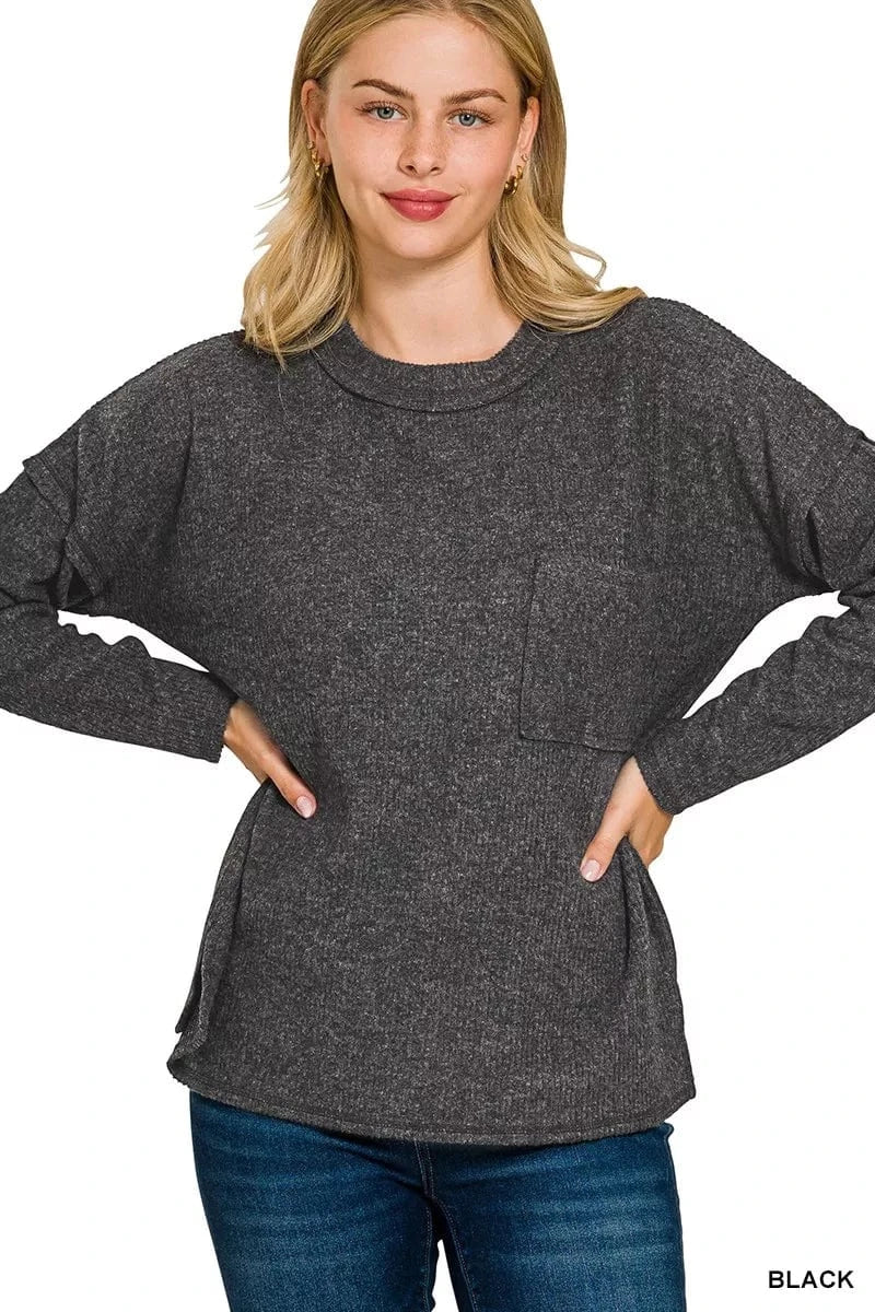 Zenana Ribbed Brushed Melange Hacci Sweater with Chest Pocket BLACK - Fashorio