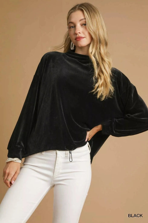 Umgee Ribbed Drawstring Hem Knit Top Black - Fashorio