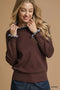 Umgee Ribbed Round Neck Sweater with Ruffle Contrast Trim Brown - Fashorio