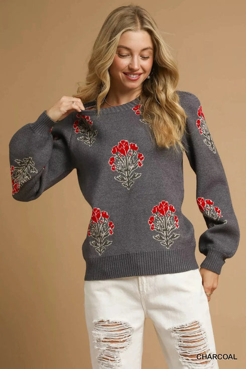 Umgee Single Flower Stem Jacquard Sweater CHARCOAL - Fashorio