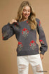 Umgee Single Flower Stem Jacquard Sweater CHARCOAL - Fashorio