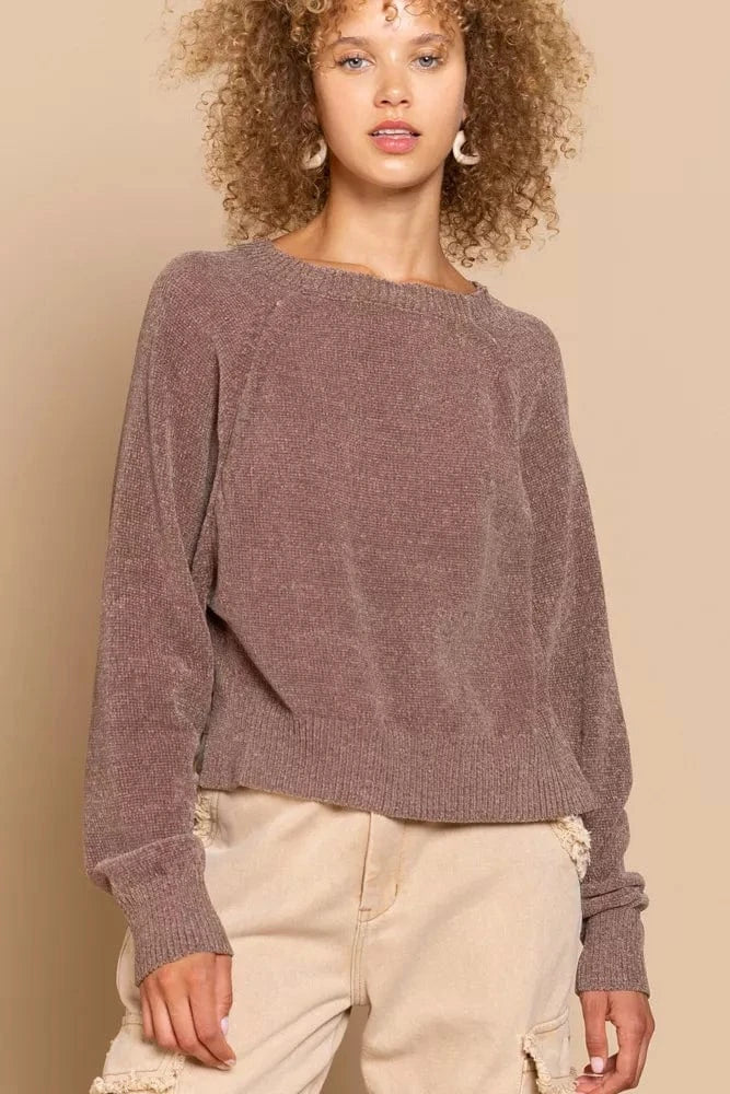POL Round Neck Backless Sweater with Ribbed Edge Chocolate - Fashorio