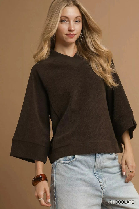 Umgee Textured Knit V-Neck Top CHOCOLATE - Fashorio