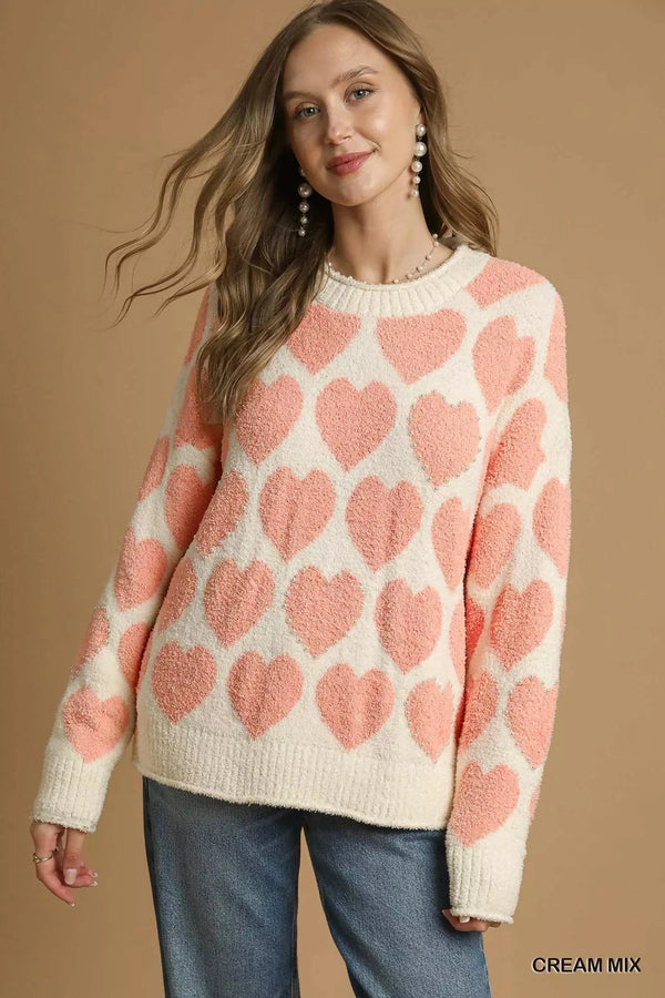 Umgee Mix Heart Pattern Pearl Accent Sweater CREAM MIX - Fashorio