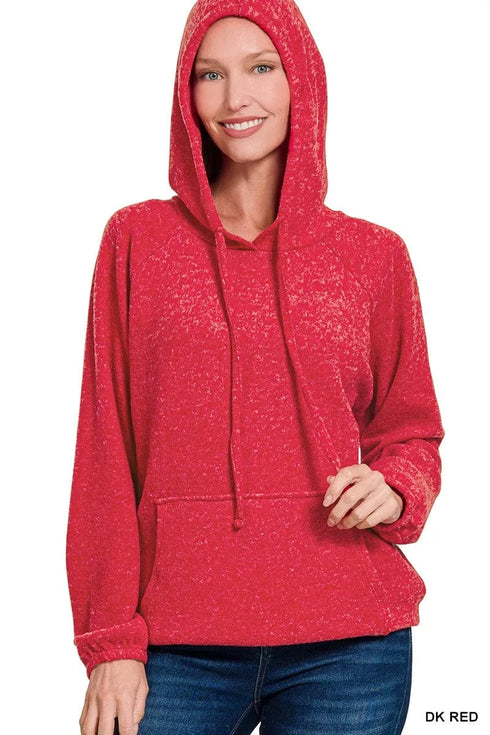Zenana Brushed Hacci Melange Hooded Sweater DK RED - Fashorio