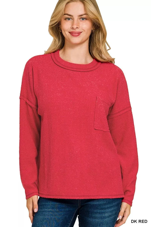 Zenana Ribbed Brushed Melange Hacci Sweater with Chest Pocket DK RED - Fashorio