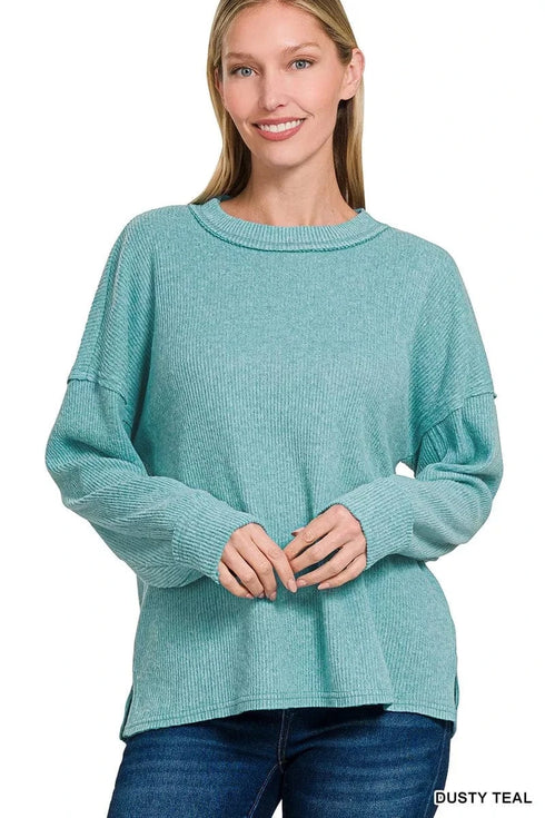 Zenana Brushed Ribbed Hacci Drop Shoulder Sweater DUSTY TEAL - Fashorio