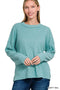 Zenana Brushed Ribbed Hacci Drop Shoulder Sweater DUSTY TEAL - Fashorio