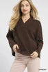 Umgee V-Neck Sweater with Wide Trim Detail ESPRESSO - Fashorio
