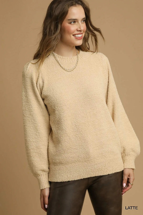 Umgee Textured Long Sleeve Sweater with Ribbed Trim LATTE - Fashorio