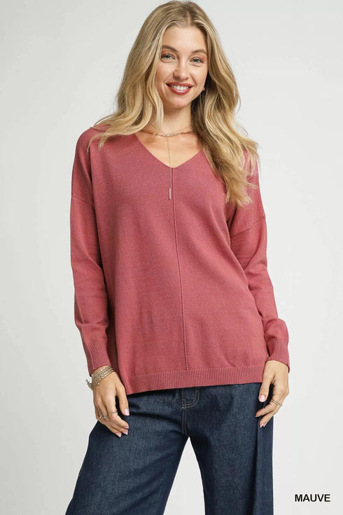 Umgee V-Neck High Low Hem Knit Top with Side Slit MAUVE - Fashorio