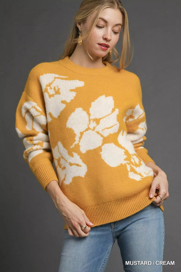 Umgee Floral Long Sleeve Sweater MUSTARD CREAM - Fashorio