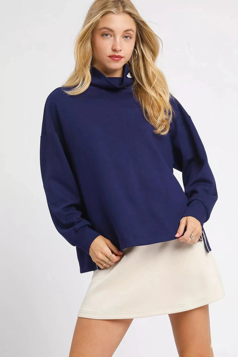 Umgee Turtle Neck Dolman Sleeve Side Slit Sweater with Contrast Detail Navy - Fashorio