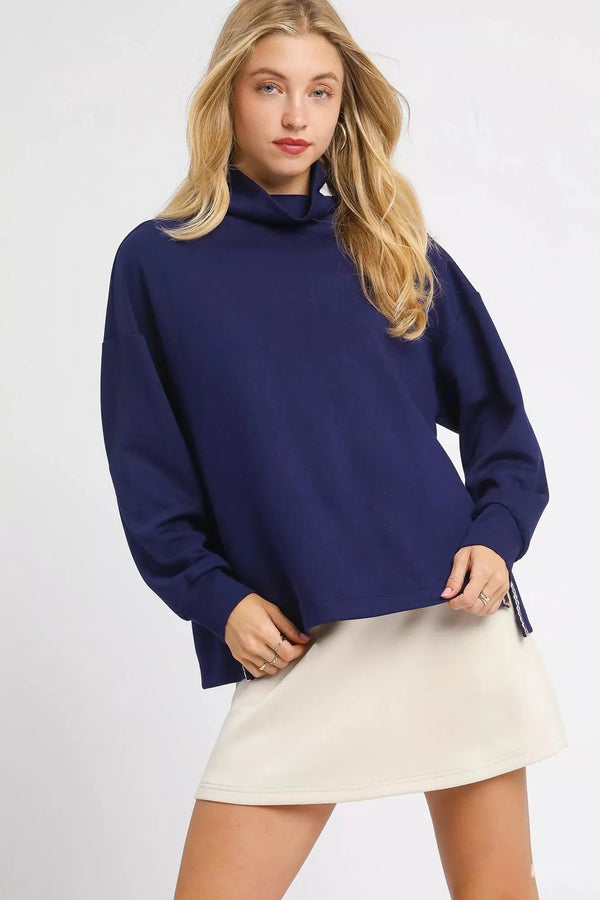 Umgee Turtle Neck Dolman Sleeve Side Slit Sweater with Contrast Detail Navy - Fashorio