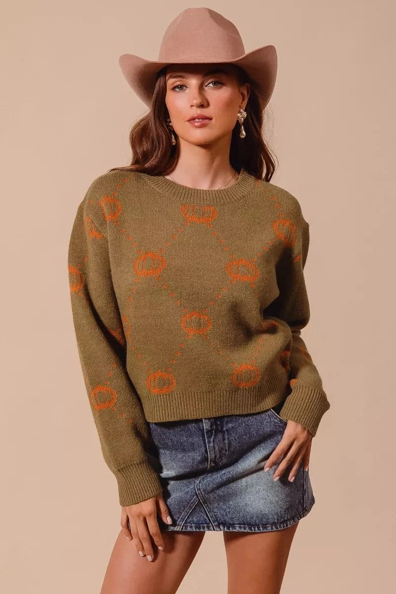 SO ME Pumpkin Rhombus Halloween Thanksgiving Sweater OLIVE RUST - Fashorio