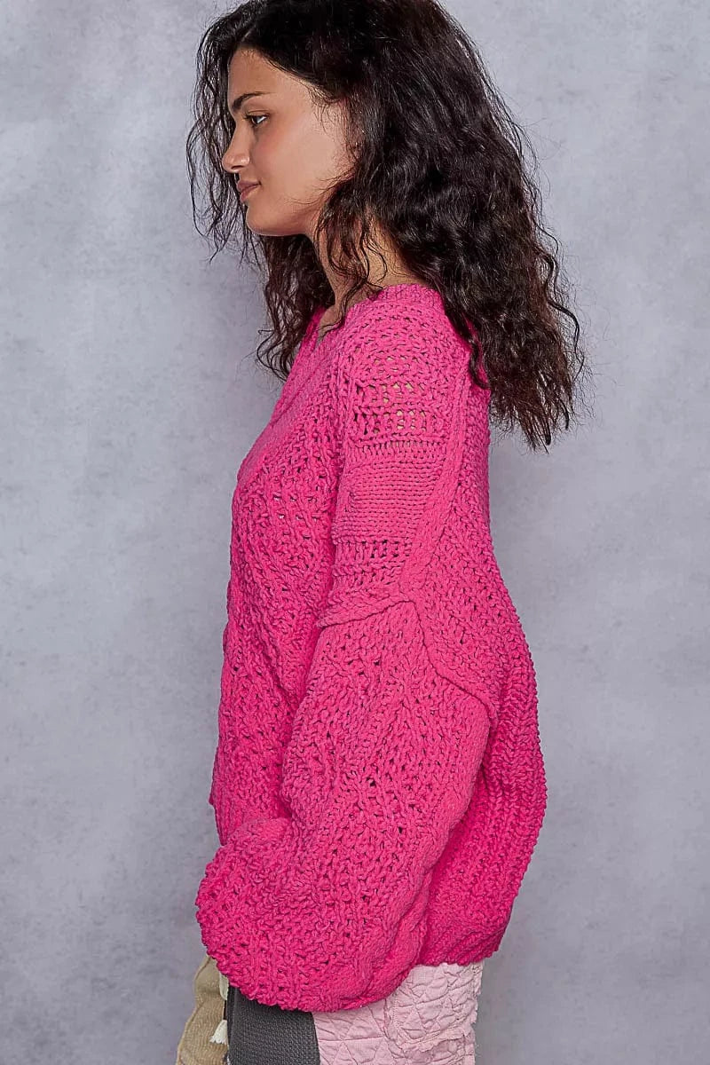 POL Cable-Knit Solid V-Neck Cropped Sweater - Fashorio
