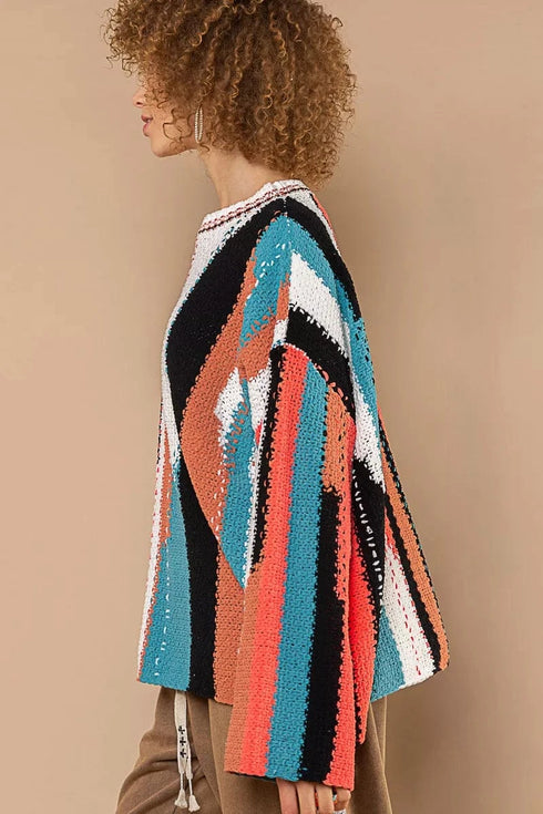 POL Color Block Round Neck Oversized Sweater - Fashorio