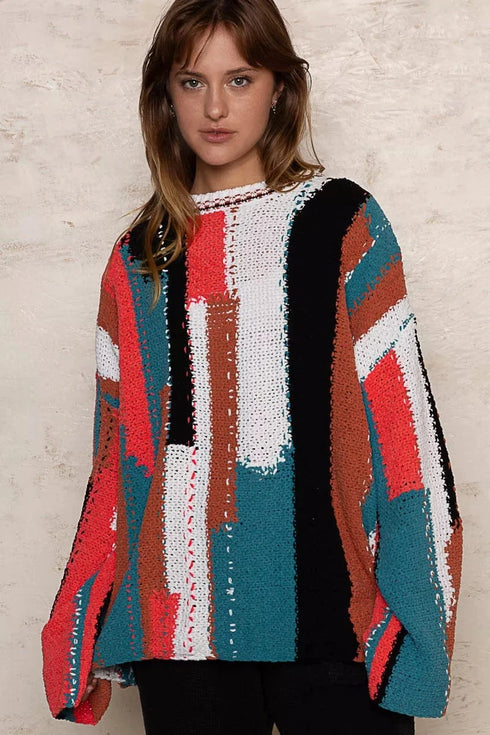 POL Color Block Round Neck Oversized Sweater - Fashorio