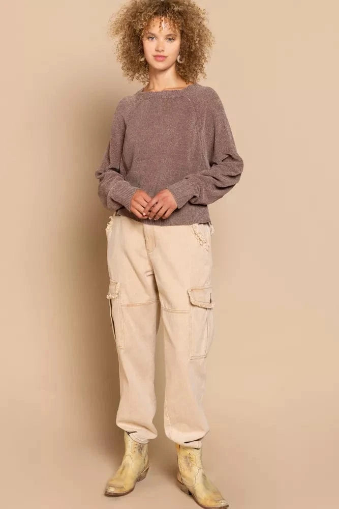 POL Round Neck Backless Sweater with Ribbed Edge - Fashorio