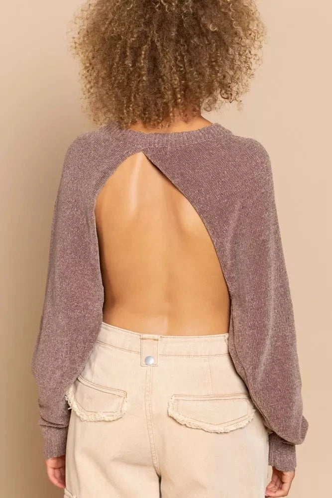 POL Round Neck Backless Sweater with Ribbed Edge - Fashorio